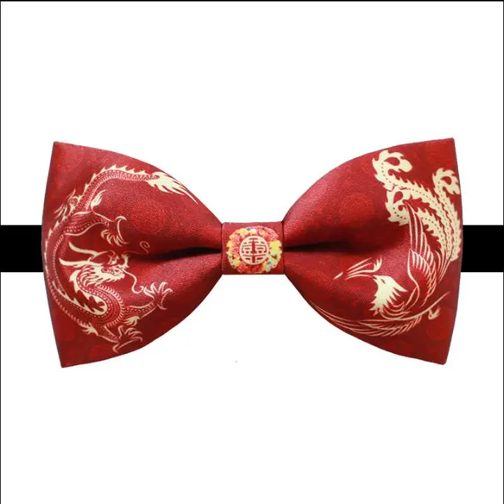 Chinese Style Dragon Phoenix Bridegroom Bow tie Men Wedding Red Print