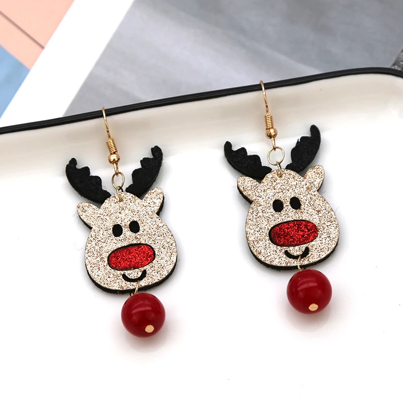 Christmas Drop Earrings Nonwovens Gold Color Light Gold Reindeer Santa Claus Snowman Glitter Earring Jewelry 7cm Long, 1 Pair