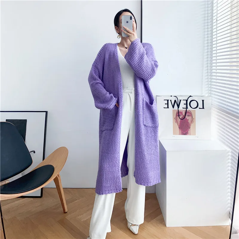 

[ZAYAU]Lazy Loose Early Autumn New Knitted Sweater Coat Coarse Wool Medium Length Over Knee Mohair Cardigan