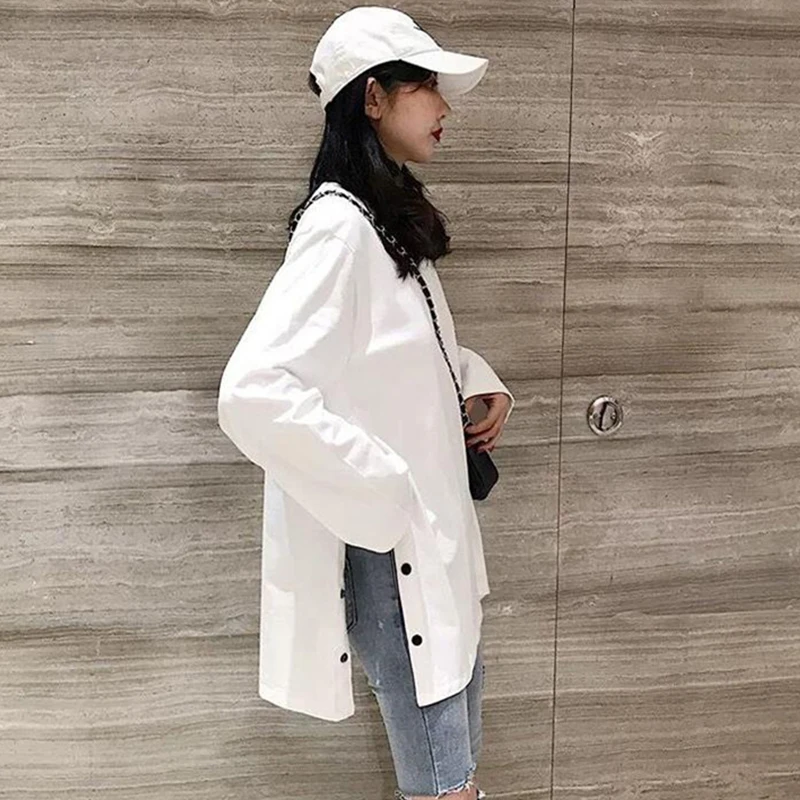 Single Breasted Side Slit Solid Oversized Harajuku Summer Long Sleeve Women T Shirts Korean Fashion Streetwear Tunic 2022 Tops