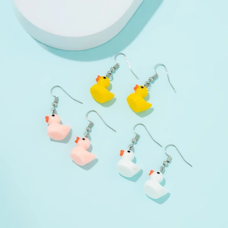 3Pairs/Set 2021 Funny Small Cartoon Animal Cute Yellow Duck Resin Earrings for Women Girls Fashion Jewelry Party Ear Accessories