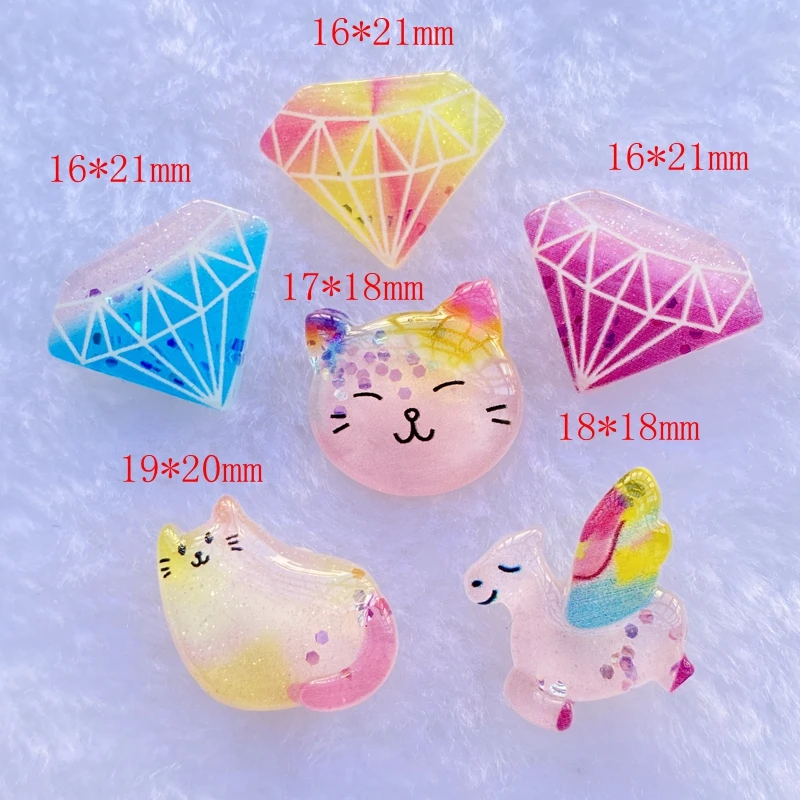 반짝이는 고양이 유니콘 플랫백 카보숑 스크랩북, 수지 믹스, 카와이 DIY 장식 액세서리, C75, 10 개