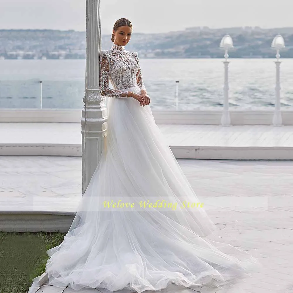 Abito da sposa elegante collo alto di lusso Encaje fiori perline manica lunga bianco A Line abiti da sposa Vestido De Novia Fiesta