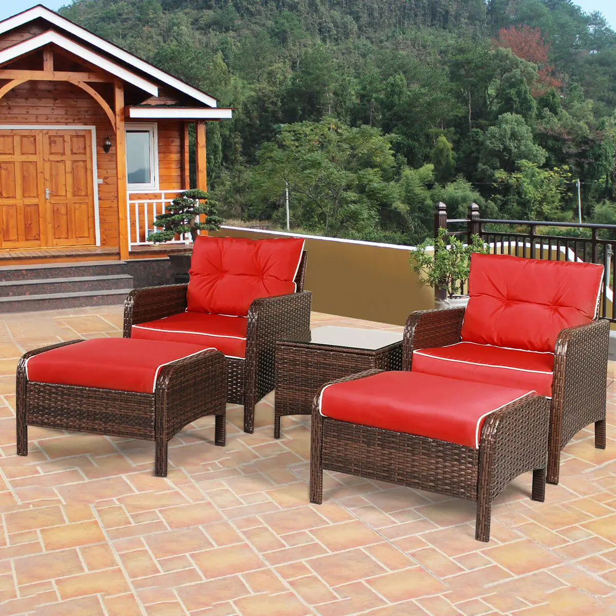 Costway 5 PCS Patio Rattan Wicker Furniture Set Sofa Ottoman W/Red Cushion Garden Yard