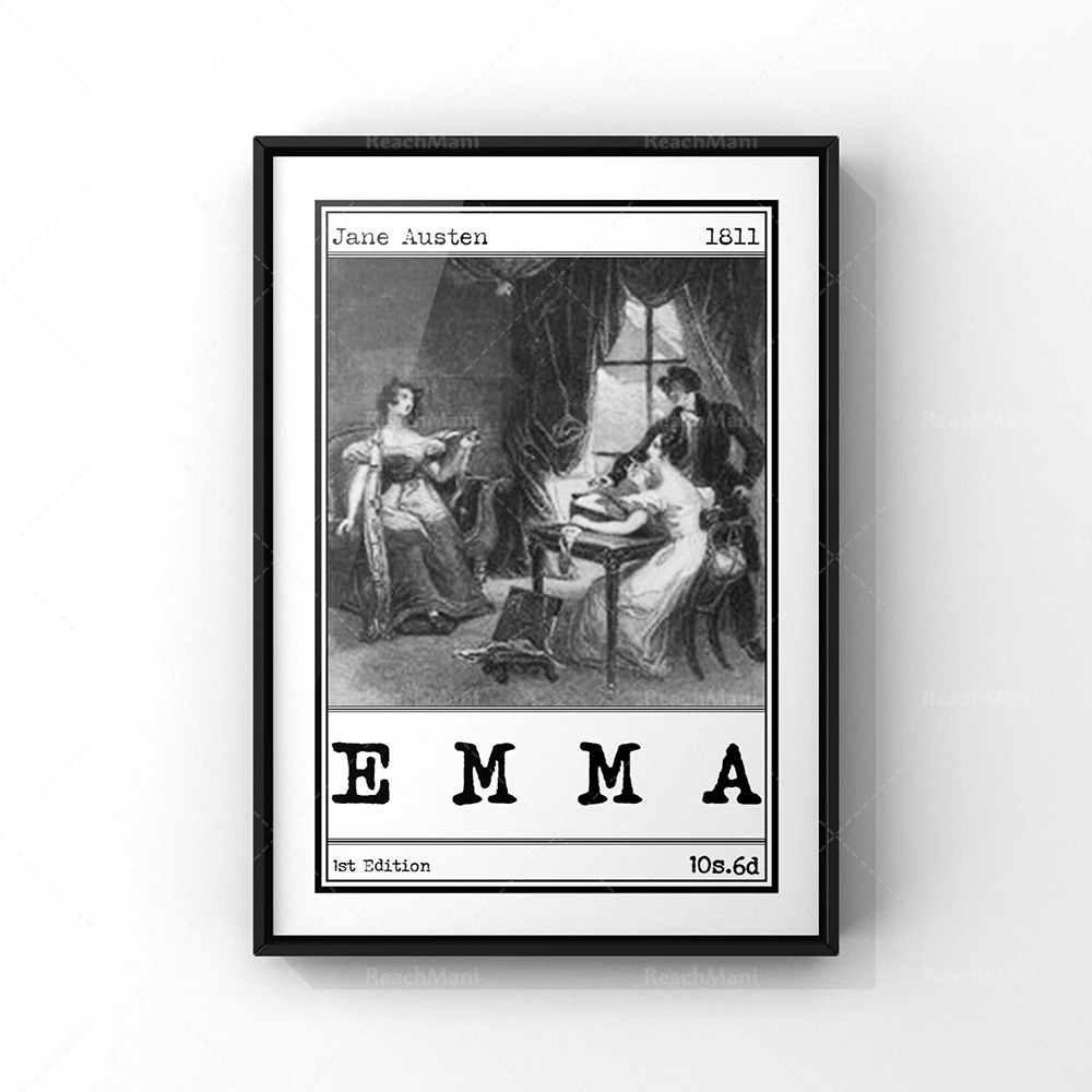إيما غلاف الكتاب الفن التوضيح ملصق |   طباعة إعلانية لكتاب الرواية الرومانسية الكلاسيكية من جين أوستن |   الأدبية الرومانسية غير المؤطرة