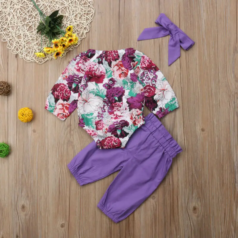 0-24M Newborn Baby Girls Long Sleeve Flower Print Romper Solid Color Pants Bow Hairband 3PCS Outfits Summer Girls Clothes Set