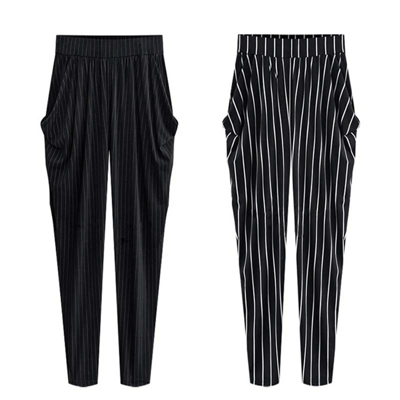 Women's Black Striped Harem Pants, High Waist, Slim, Loose, Thin Section, Casual, New, Large Size, 6XL, 7XL, 8XL,