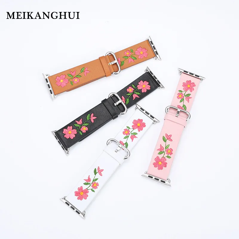 Replace Apple Watch Leather Strap 38mm 42mm 1 2 3 Series Red Flower Embroidery Ladies Men's Rep men's replacement bracelet strap