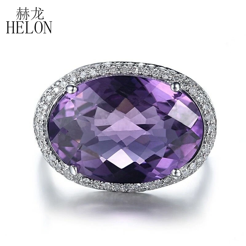 

HELON Real 14K White Gold Flawless Oval 17x12mm Genuine Amethyst Diamonds Women Wedding Fine Jewelry Diamond Ring Prong Setting