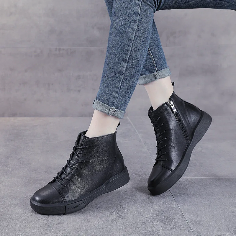 

Short Boots Women Spring and Autumn Single Boots First Layer Cowhide Short Boots Women 2021 Retro Round Toe Martin Boots