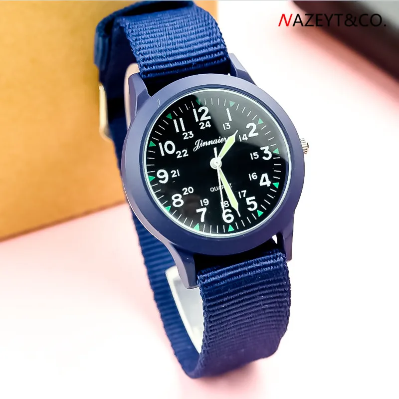 

New fashion man quartz wristwatch middle student luminous hands army watch children boys girls blue alloy dial nylon sport clock