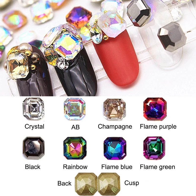 Nail Art Rhinestone Pointed Bottom Square Octagonal Crystal Glass Atrass 3D Fingernail DIY Decoration 6mm 30/100pcs