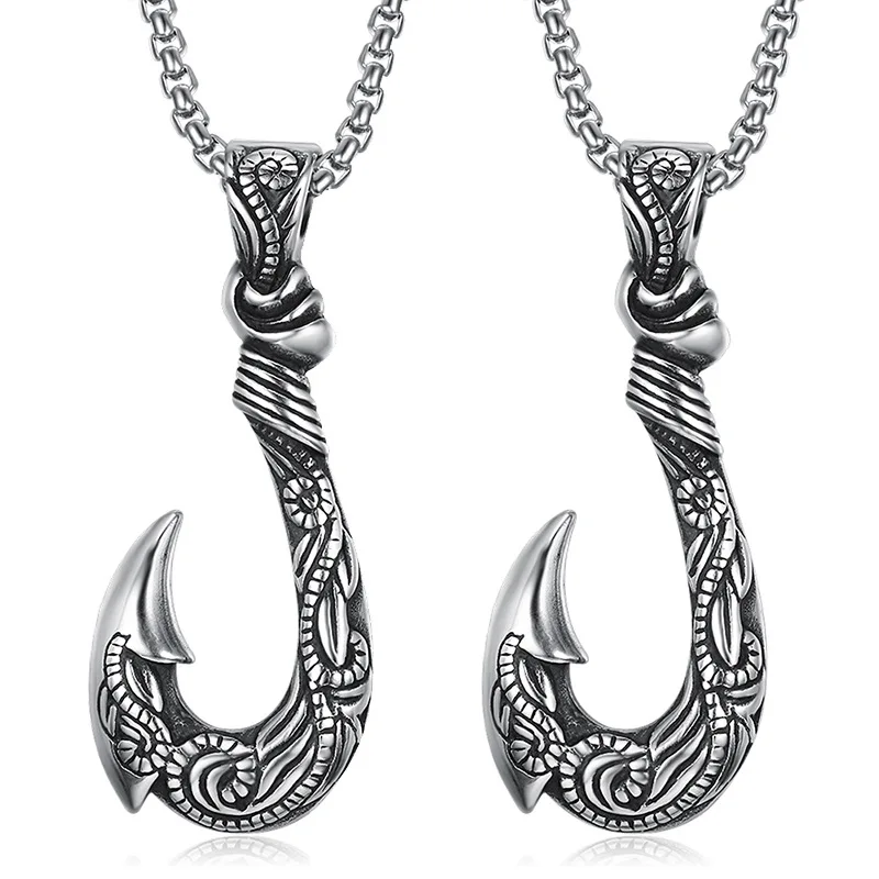 Retro Viking Fish Hook Shape Pendant Necklace Men\'s Necklace Metal Sliding Vintage Fish Hook Necklace Pendant Accessory Jewelry