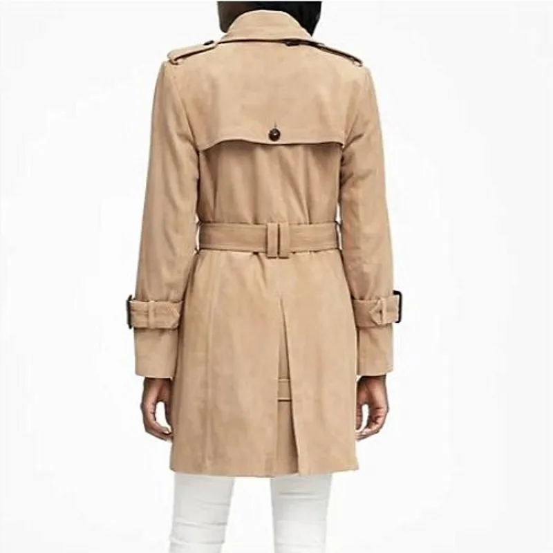 Top Genuine Leather Jackets Women Belted Slim Suede Sheepskin Long Coat Runway Military Double Breasted Windbreaker Trench