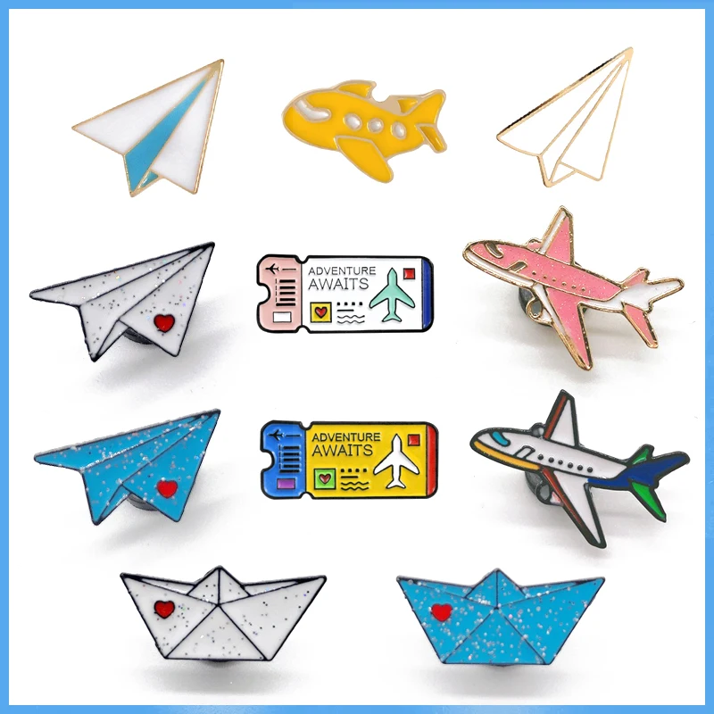 Cartoon Childhood Memory Enamel Pins airplane Boat Brooch Backpack Clothes Button Badge aircraft Ticket Jewelry For Kids Friends