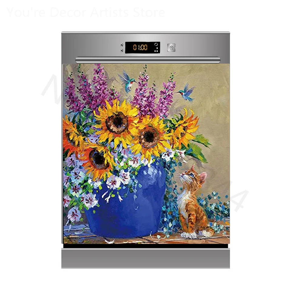 Self-Adhesive Vinyl Dishwasher Sticker Building Landscape Flower Wallpaper 3D Cupboard Door Decoration Decal Custom For Home Art