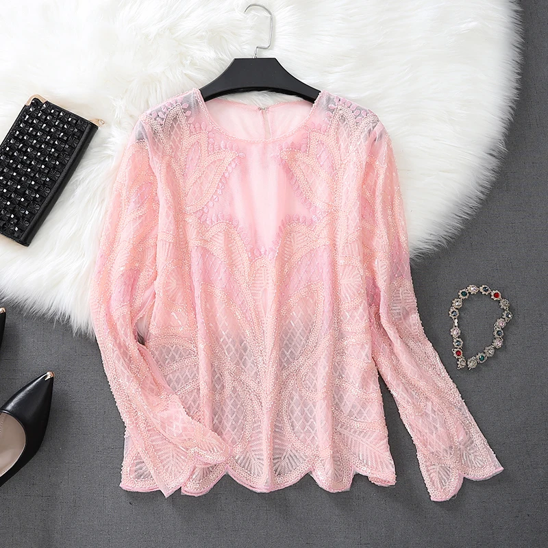 Sexy Women Fashion Casual Mesh Straight Bead Sequined O-neck Temperament Petal Long Sleeve Black Beige Pink Vintage T Shirt 3299