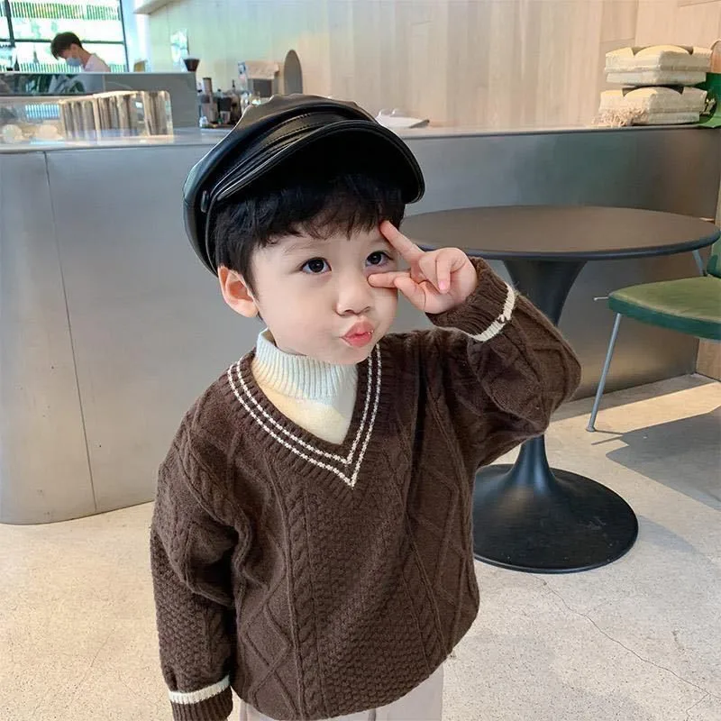 

New Boy Casual Hedging Sweater Children's Knitted Woolen Spring/Winter Kids Warm Thicken Plus Velvet High Quality Solid Color