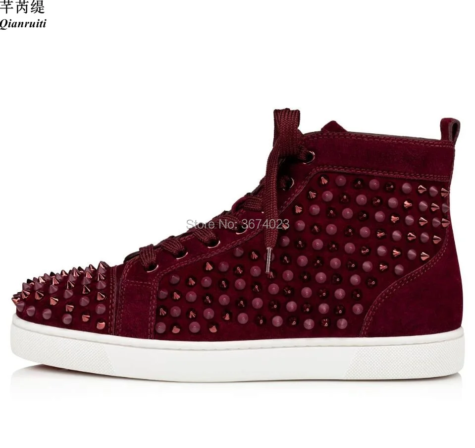 

Qianruiti Runway High Top Mens Sneakers Shoes Casual Rivet Studded Flats Lace Up Spiked Shoes Wine Red Blue Sneakers Party Shoes