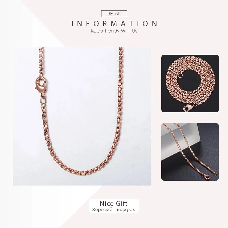 Fashion Simple 2mm Round Box Chain Necklaces For Women Men Stainless Steel Never Fade Rose Gold Color Tone Solid Metal KN555A