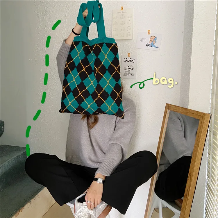 

New design student love knitted hand tote bag wool shoulder bag Environmental Storage Handbag Reusable Foldable Eco Grocery Tote