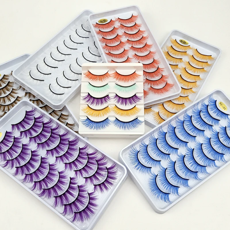 OKAYLASH 10Pairs Red Blue Brown White 3D Colored False Eyelashes Vegan Silk Makeup Rainbow Cilias Colorful Fake Lashes Bulk