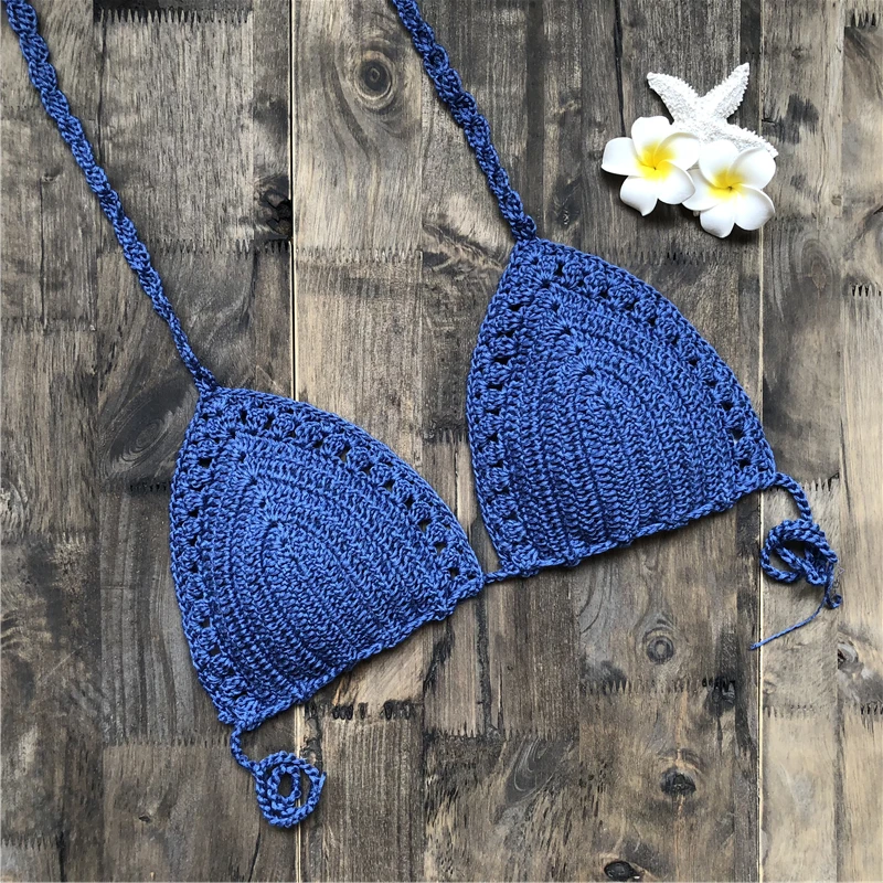 Handmade Crochet Women Bikini Top Boho Beach Bralette Halter Knitted Swimsuit Brazilian Bikinis Bathing Suit Top