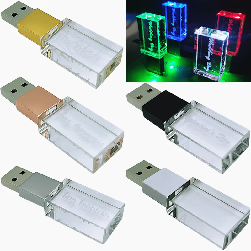 

Free Custom logo Metal Crystal USB2.0 High-speed Pendrive Memory stick free Color LED Light