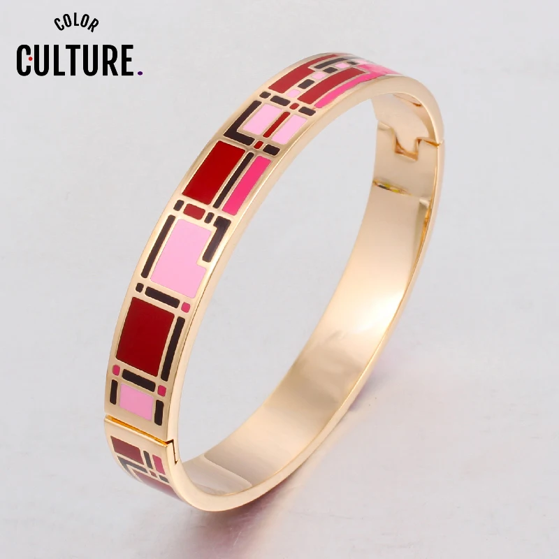 Vintage Color Design Opening Bracelet Bangle for Women Stainless Steel Enamel Jewelry Pattern Gold Birthday Gift