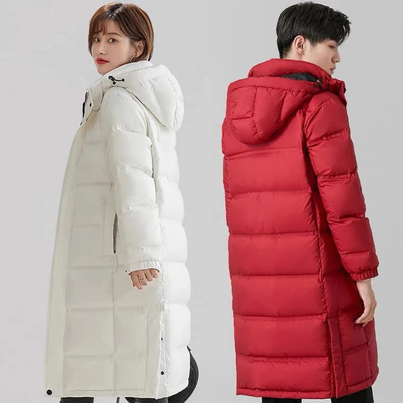 Women Winter Down Coats Thick Warm White Goose Down Hodded Midi Length Parkas Outerwear Solid Couple Outfit S-3XL