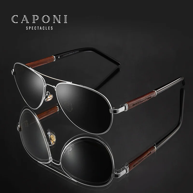 CAPONI Pilot Sunglasses Polarized UV400 High Quality Wooden Frame Sun Glasses For Men Luxury Brand Driving Eyewear Shades BS409