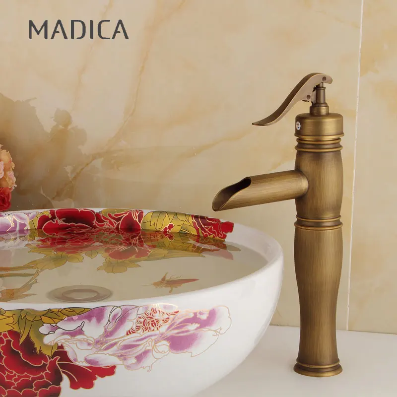 

Madica Antique Basin Mixer Bathroom hot and cold Faucet Swivel Spout Antique Bronze Deck Mounted Vessel Sink Vanity Water Taps