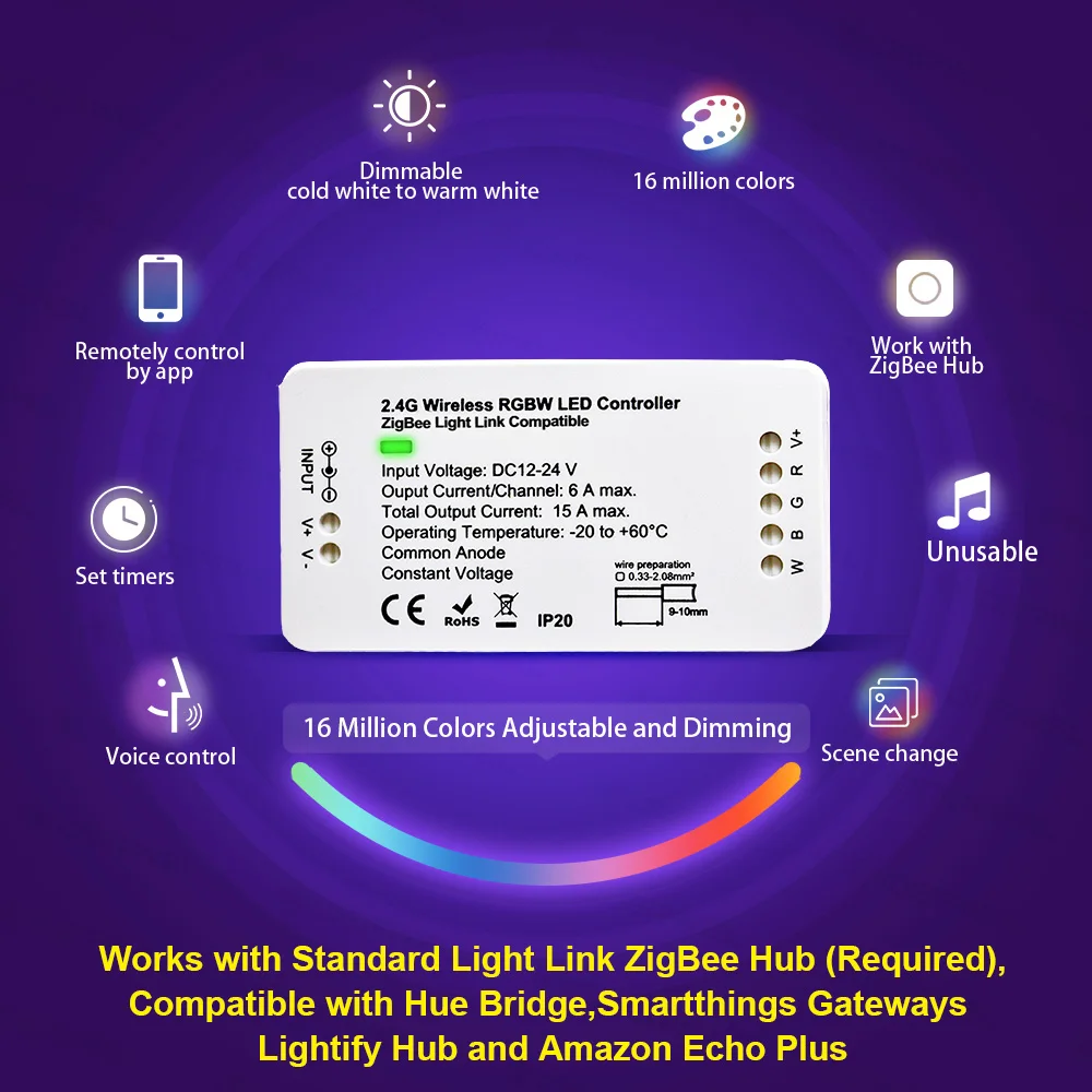 Imagem -03 - Smart Led Zigbee Rgbw Controlador Echo Alexa Luz Tira Rgb Controlador Smartthings App & Controle de Voz por Smartthings Eco Plus