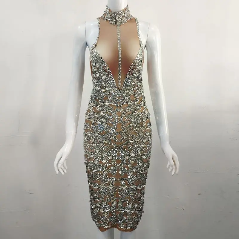 

Luxurious Silver Rhinestones Stretch Dress Sleeveless Shining Crystals Dresses Birthday Party Celebrate Dress Nightclub Outfit