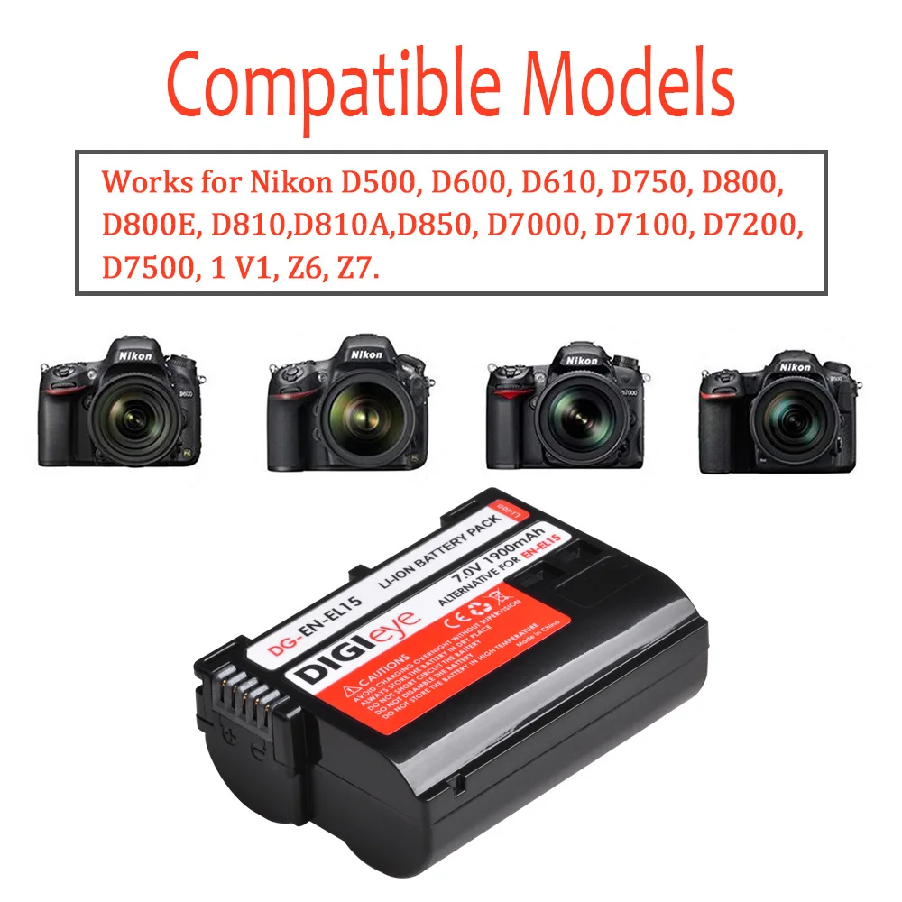 1900mAh EN-EL15 EN-EL15A ENEL15 Bateria para Nikon D600 D610 D750 D800 D810 D850 D7000 D7100 D7200 1 v1 Z6 Z7