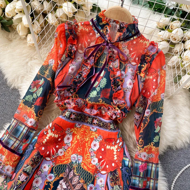 Elegant Dresses For Women Flare Sleeve Ruffles Retro Printed Ladies Holiday Party Dinner Female Dress Woman Vestidos Платье