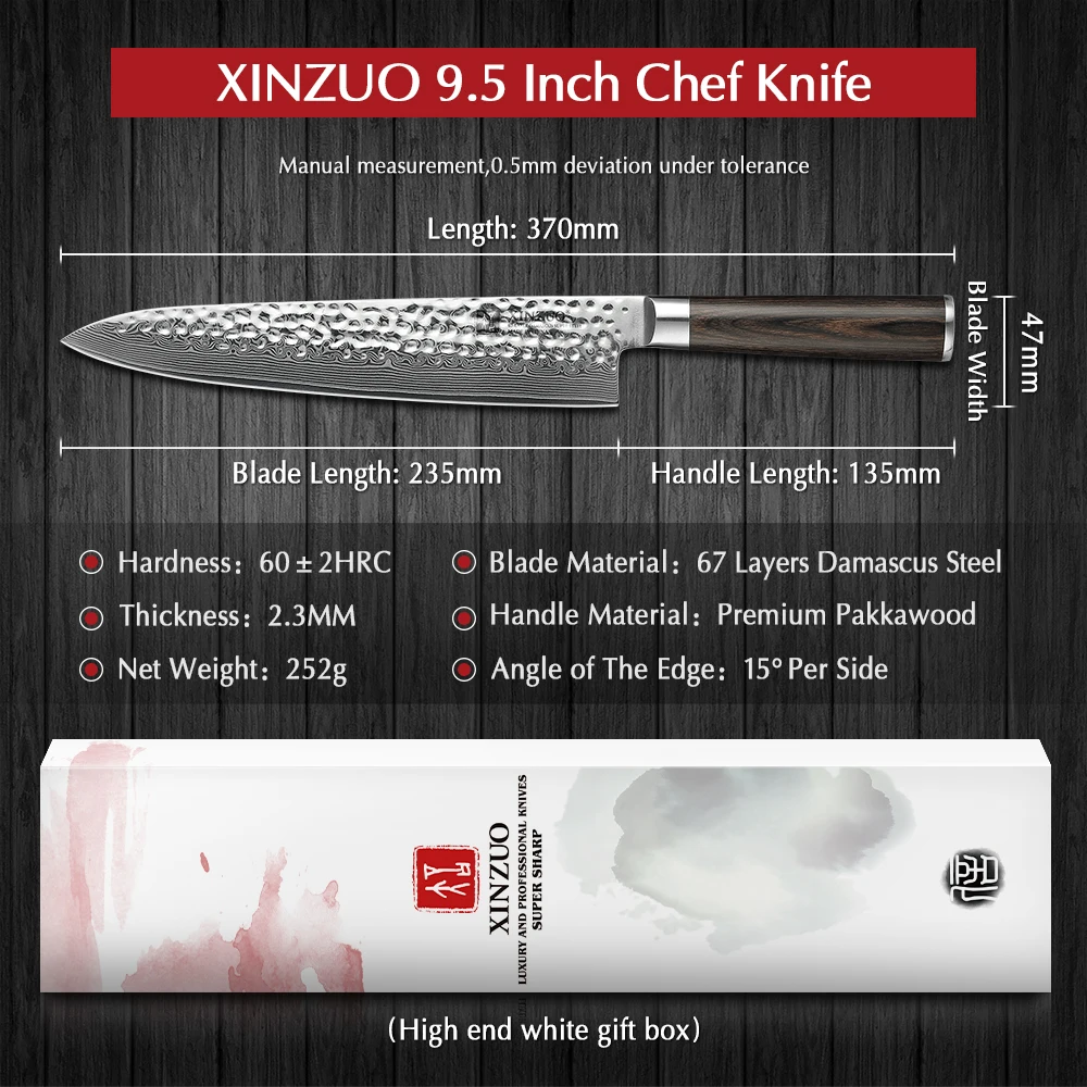 XINZUO 9.5 inch Chef Knife 240mm Gyuto Knife Japanese VG10 Damascus Stainless Steel Butcher Kitchen Knives Pakka Wood Handle