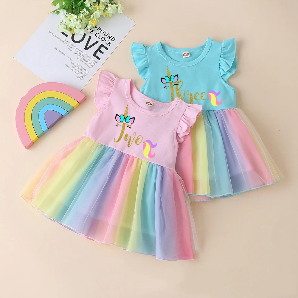 Unicorn Number Girl Birthday Dress Kids Rainbow Unicorn Dress Princess Girls Birthday Party Dress Children Summer Dresses