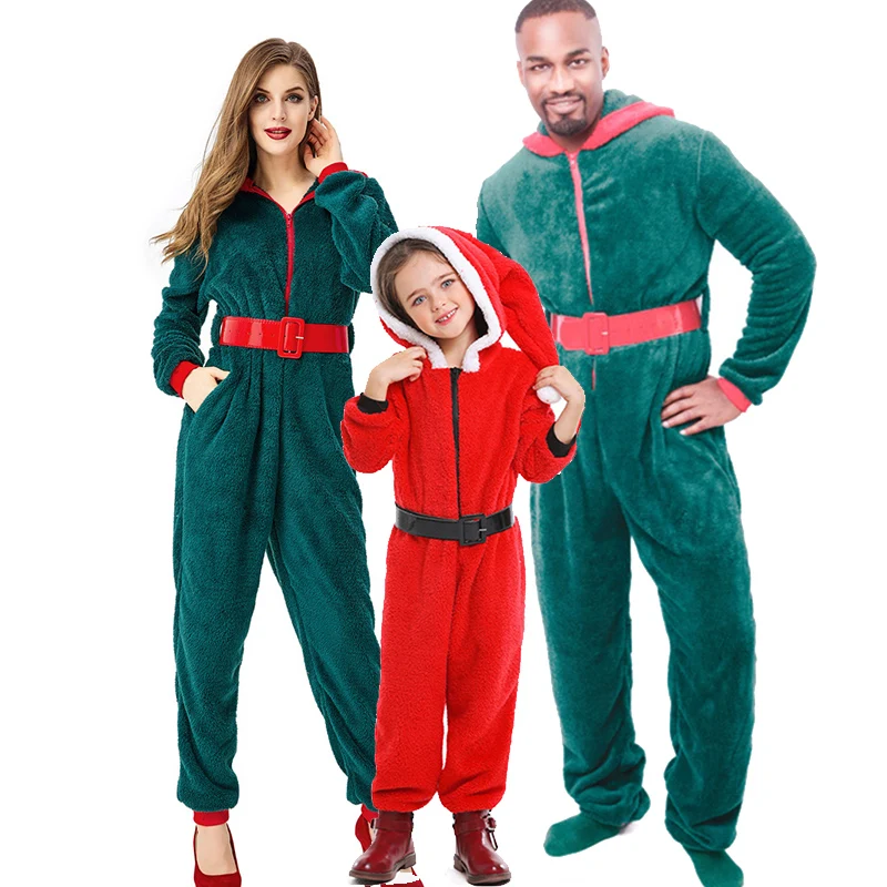 

Unisex Parent-Child Carnival Christmas Santa Claus Costume Green Red Hooded Jumpsuit Mascot Cosplay Fancy Party Dress