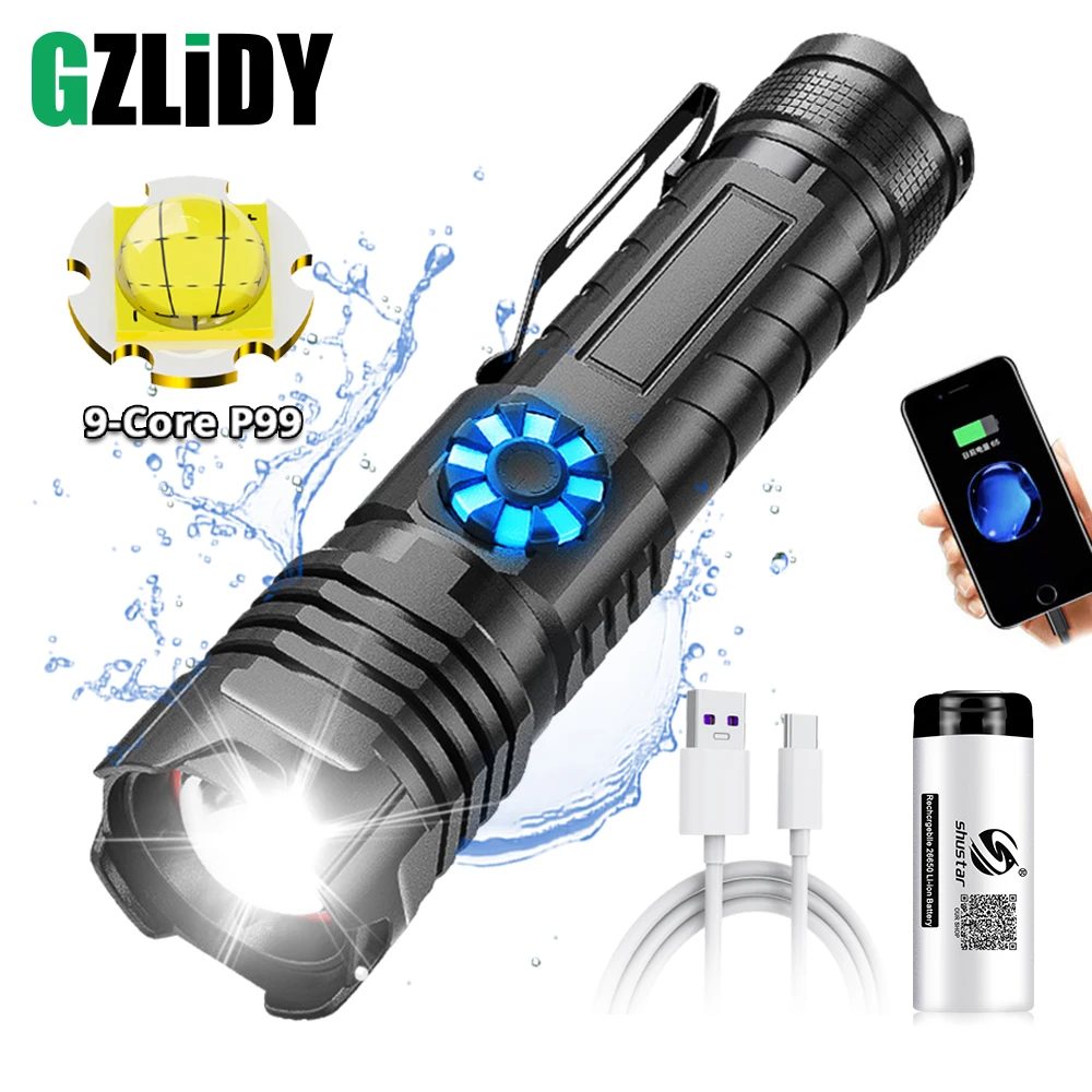 XHP99 LED Flashlight Stepless Dimming Powerful 18650 Torch USB Rechargeable Zoom Work Light 4 Modes Waterproof Camping Lantern