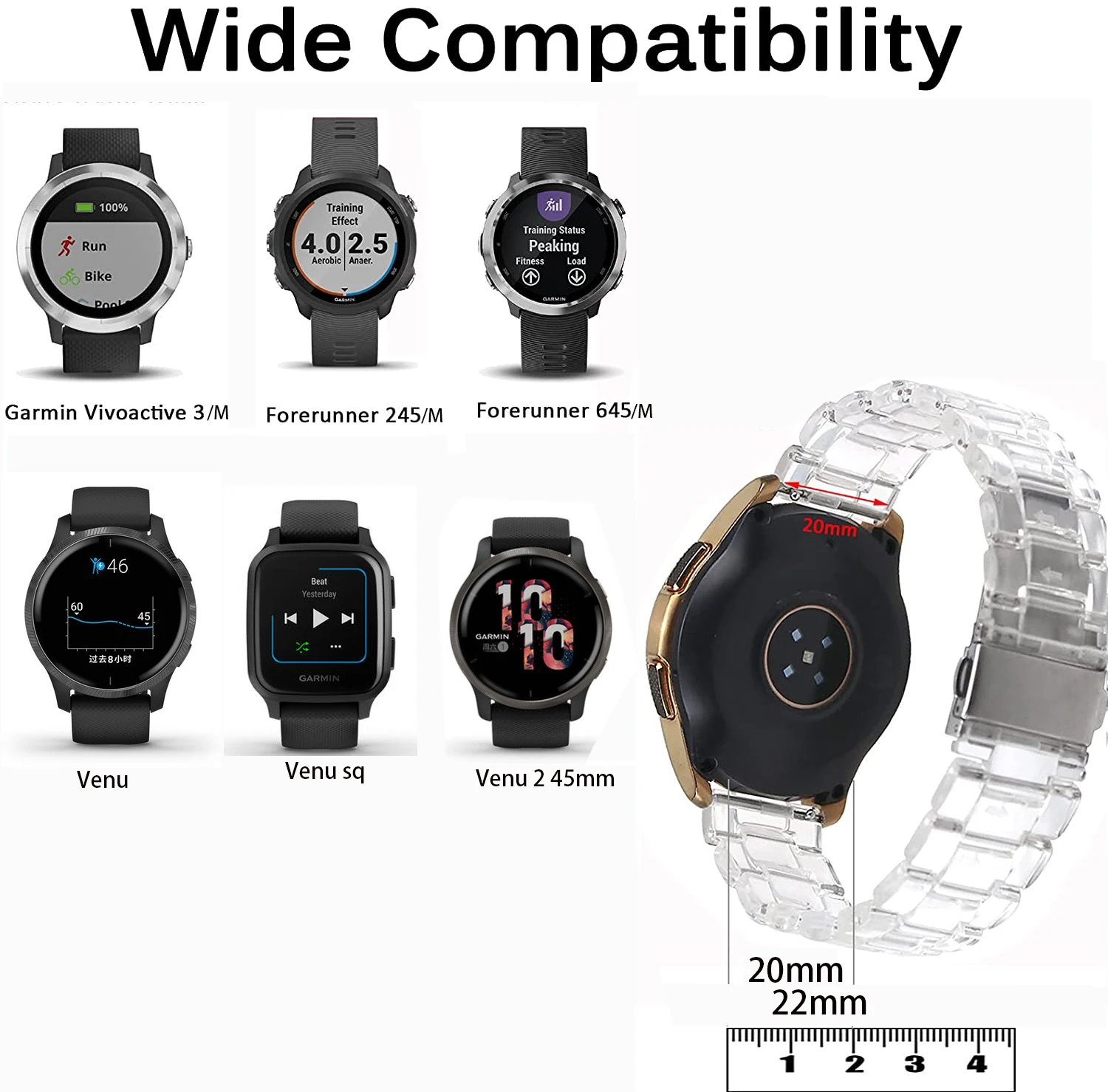 20mm 22mm Transparent Resin Strap For Garmin Forerunner 165 245 645 55 255 265 / Vivoactive 4 3 / Active 5 / Venu Sq 2 / Venu 3