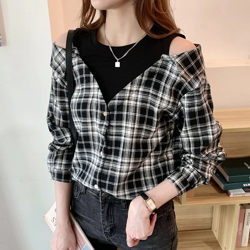 Women Casual Plaid Shirts Loose Style ladies Tops Black Fake Two Piece Blouses 2022 Spring Oversized Blouses Off Shoulder Shirt