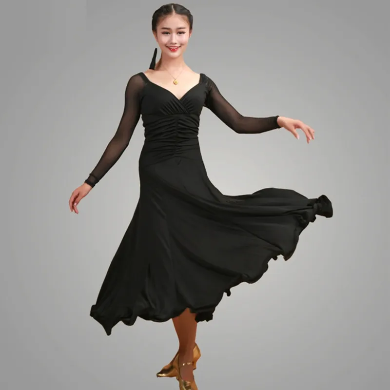 Vestido de dança de valsa feminino competição, performance de dança padrão, traje flamenco, slim simples, saia longa e sólida