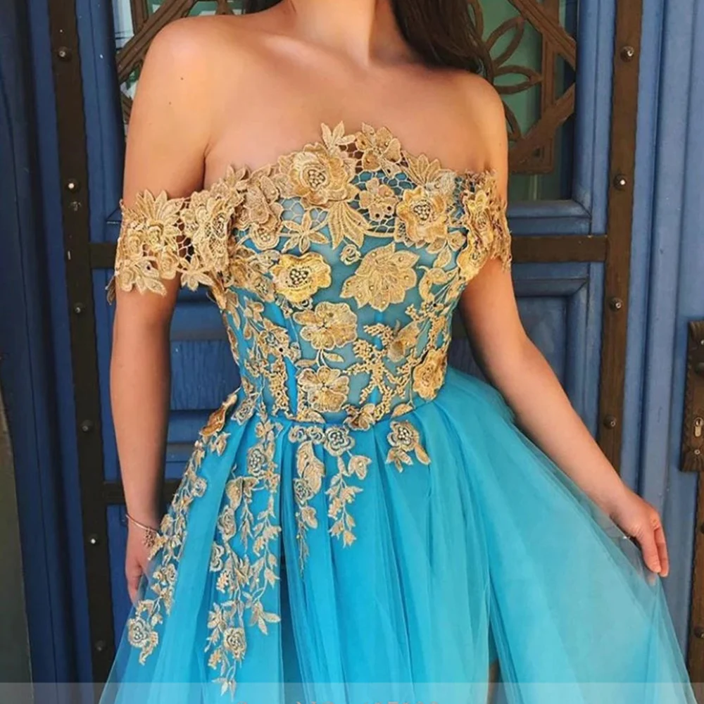 Off the Shoulder Golden Lace Applique Blue Tulle Evening Dress Sexy Front Slit Elegant Prom Dress vestidos de novia платье