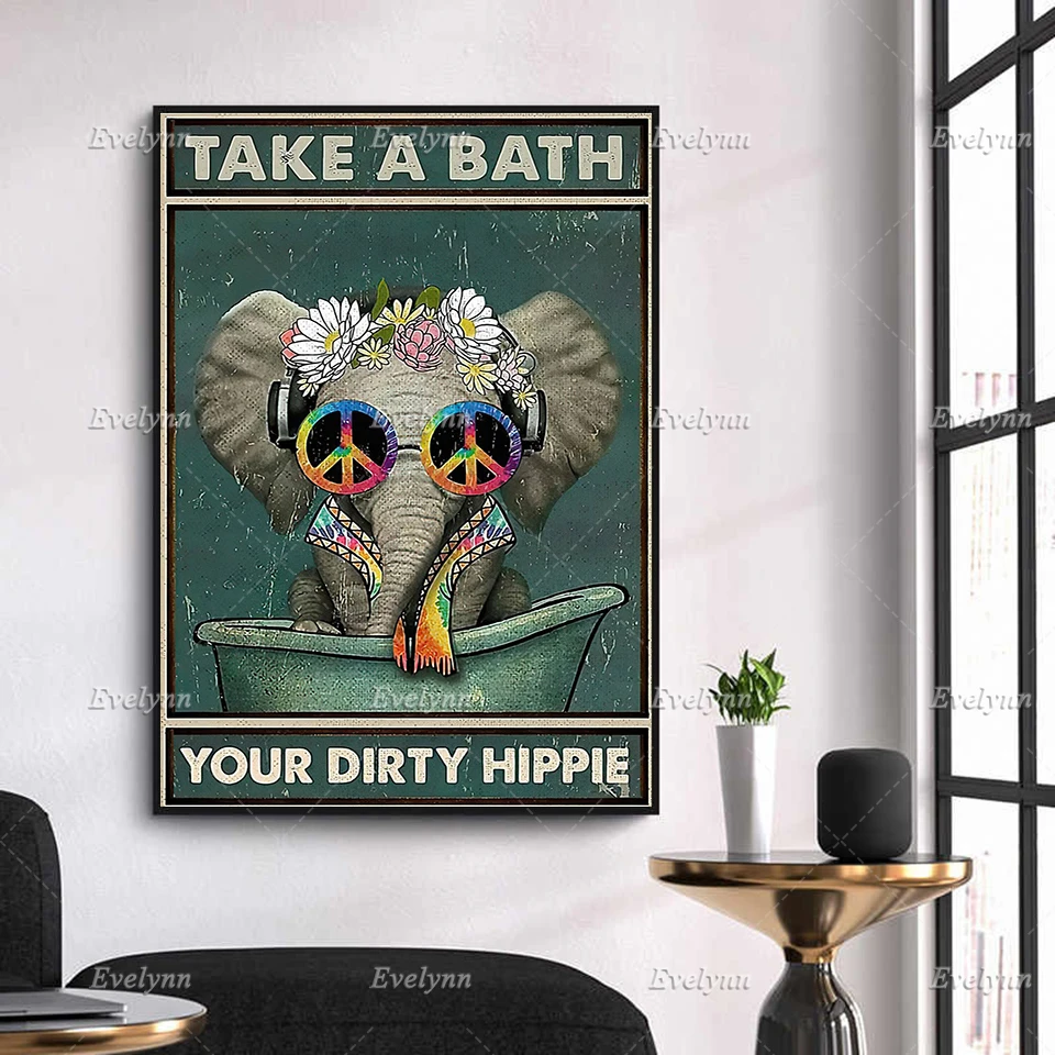 Take A Bath You Dirty Hippie Retro Poster, Wall Decoration Canvas,Elephant Bathroom Prints Poster,Home Decor Best Gift Ever