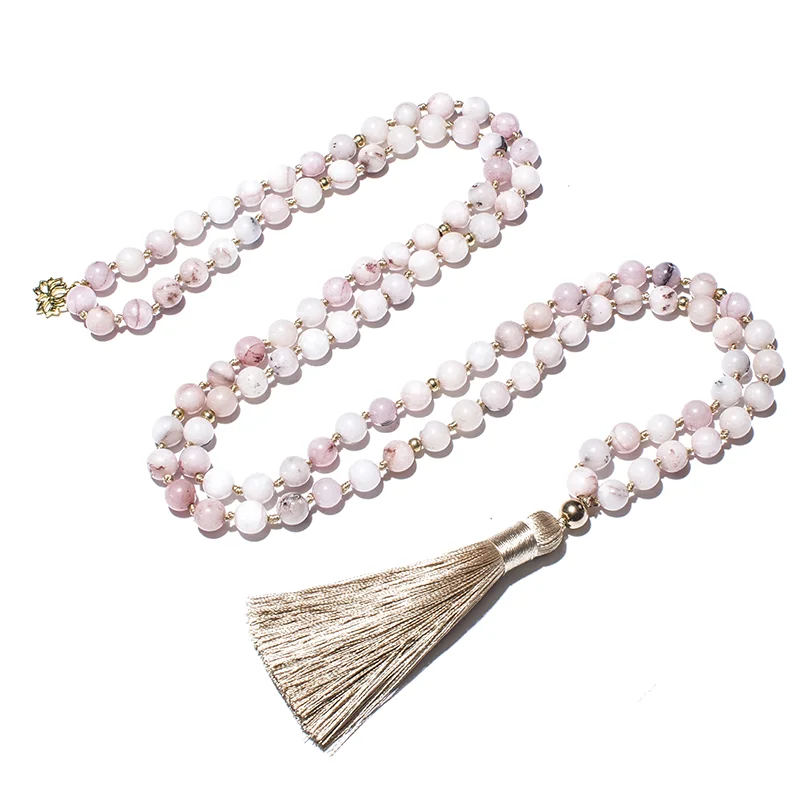 8Mm Roze Opaal Japamala Ketting Meditatie Yoga Sieraden Set 108 Mala Kralen Geknoopt Vrouwen Rozenkrans Met Lotus Hanger