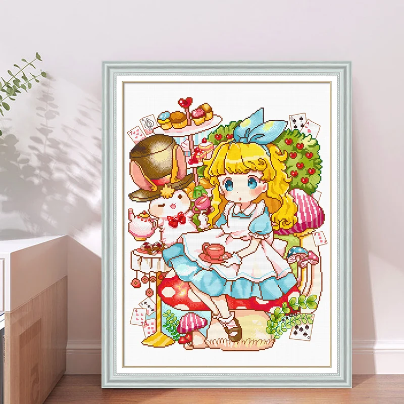 Cross Stitch Kit for Kids, Embroidery Thread, Alice, Afternoon Tea Cartoon, Handmade DIY Decor, Bedroom, New crafts arts