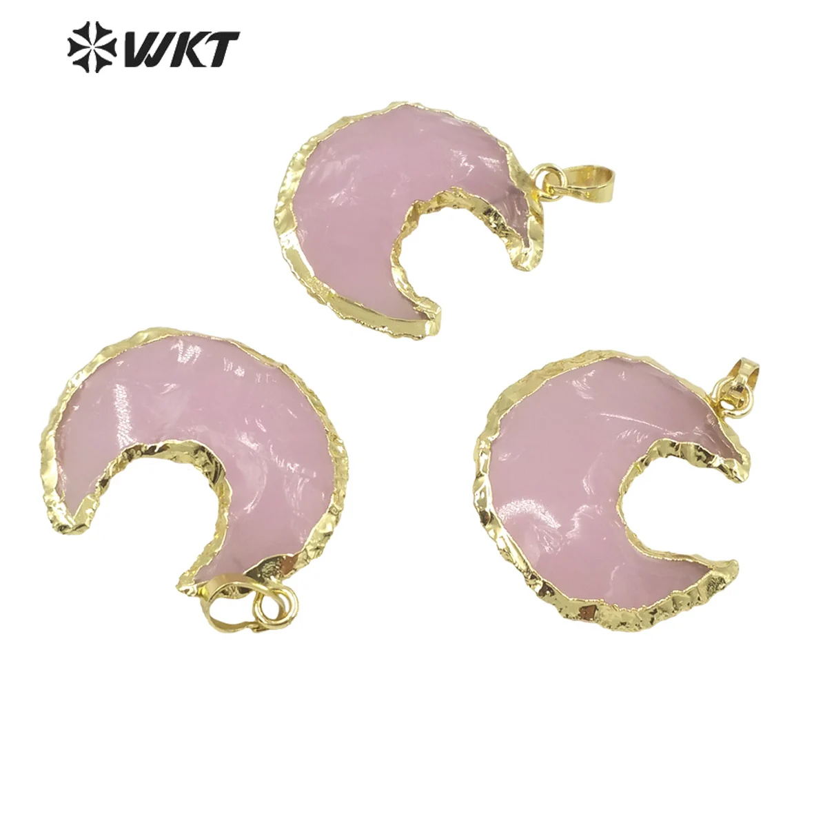 

WT-P1725 WKT New approach fashion gold trim Pink opal half moon pendant women hammer carved crescent moon pink stone pendants