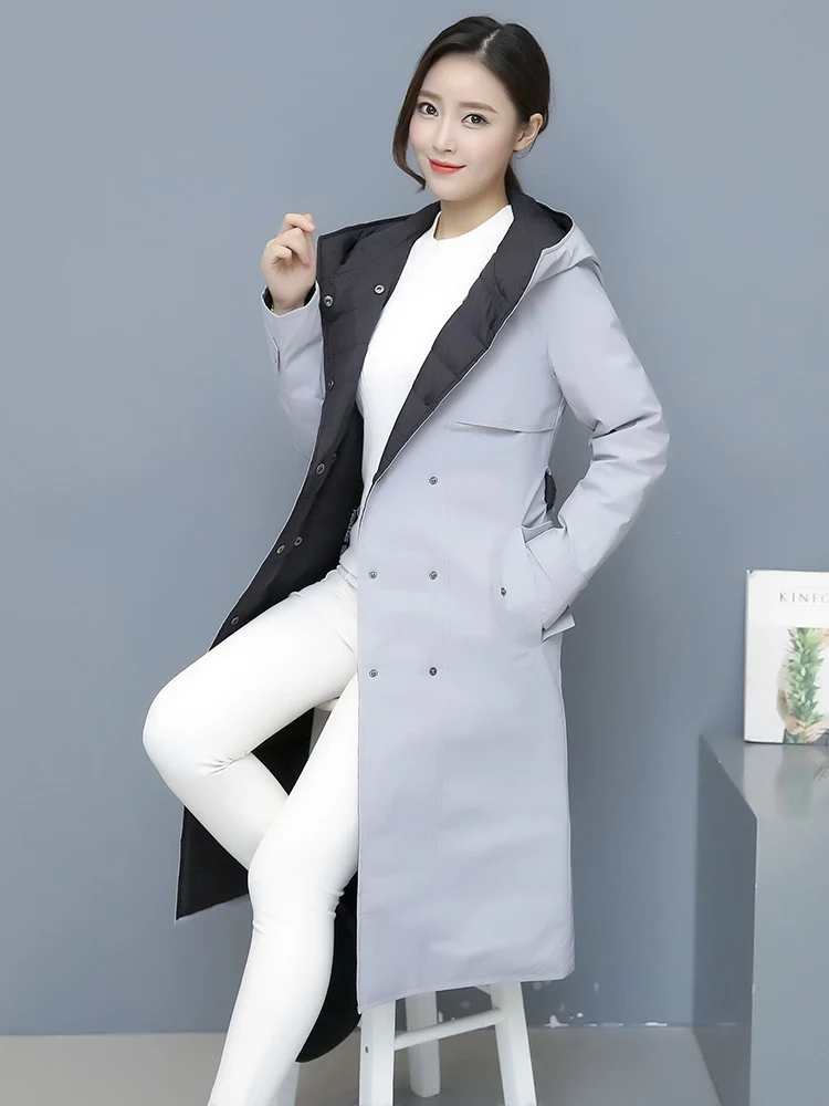 Piumino lungo da donna autunno inverno piumino d'anatra bianco con cappuccio da donna due abbigliamento laterale chaqueta mujer KJ4666