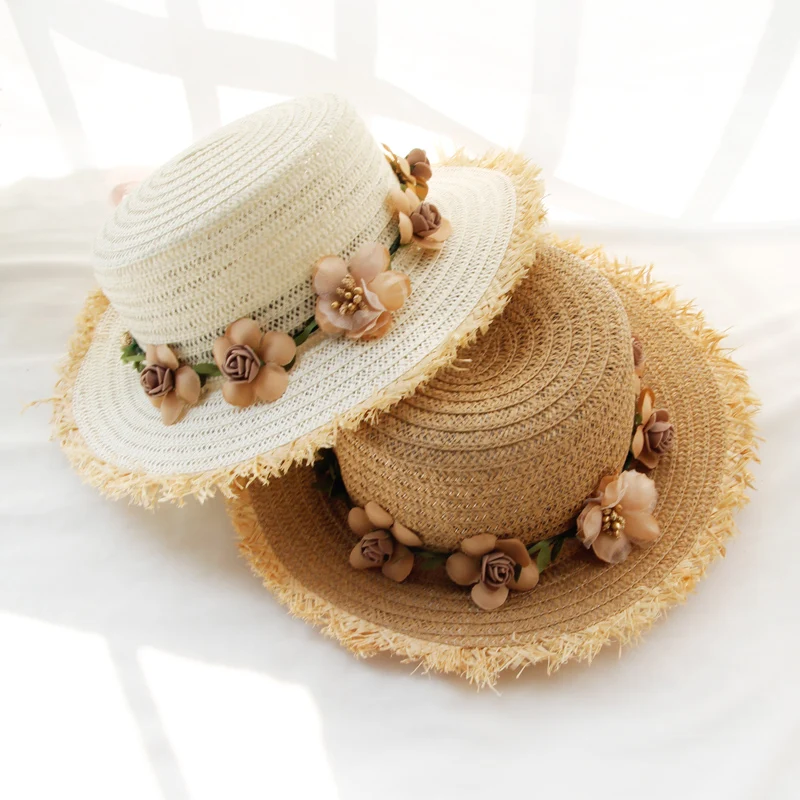 Parent-child sun hat big brim hat brim beach hat handmade flower straw hat girl sun hat summer hat female tide wide brim hat cap